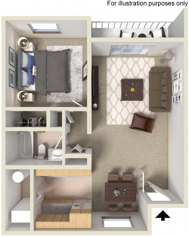 Floor plan for 1 bed, 1 bath, 615 sqft